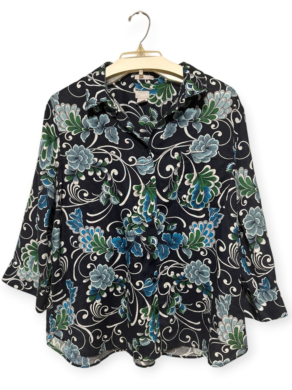 CHICO’S Navy Blue Green Floral 100% Linen Button Up Shirt Sz 3 (16/18)